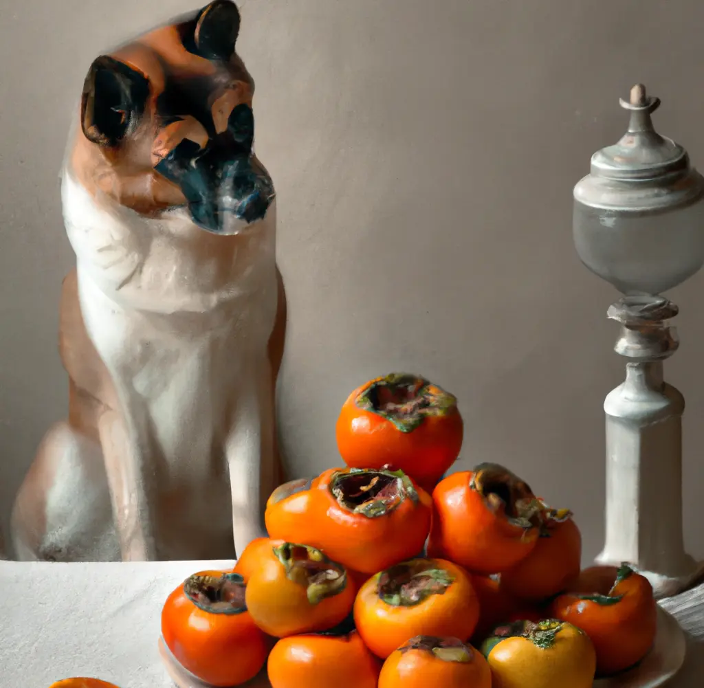 a dog is looking at persimmons