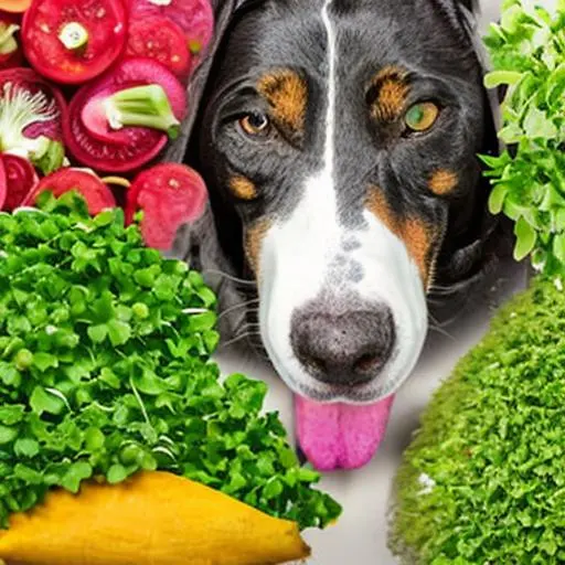 A dog is eating microgreens